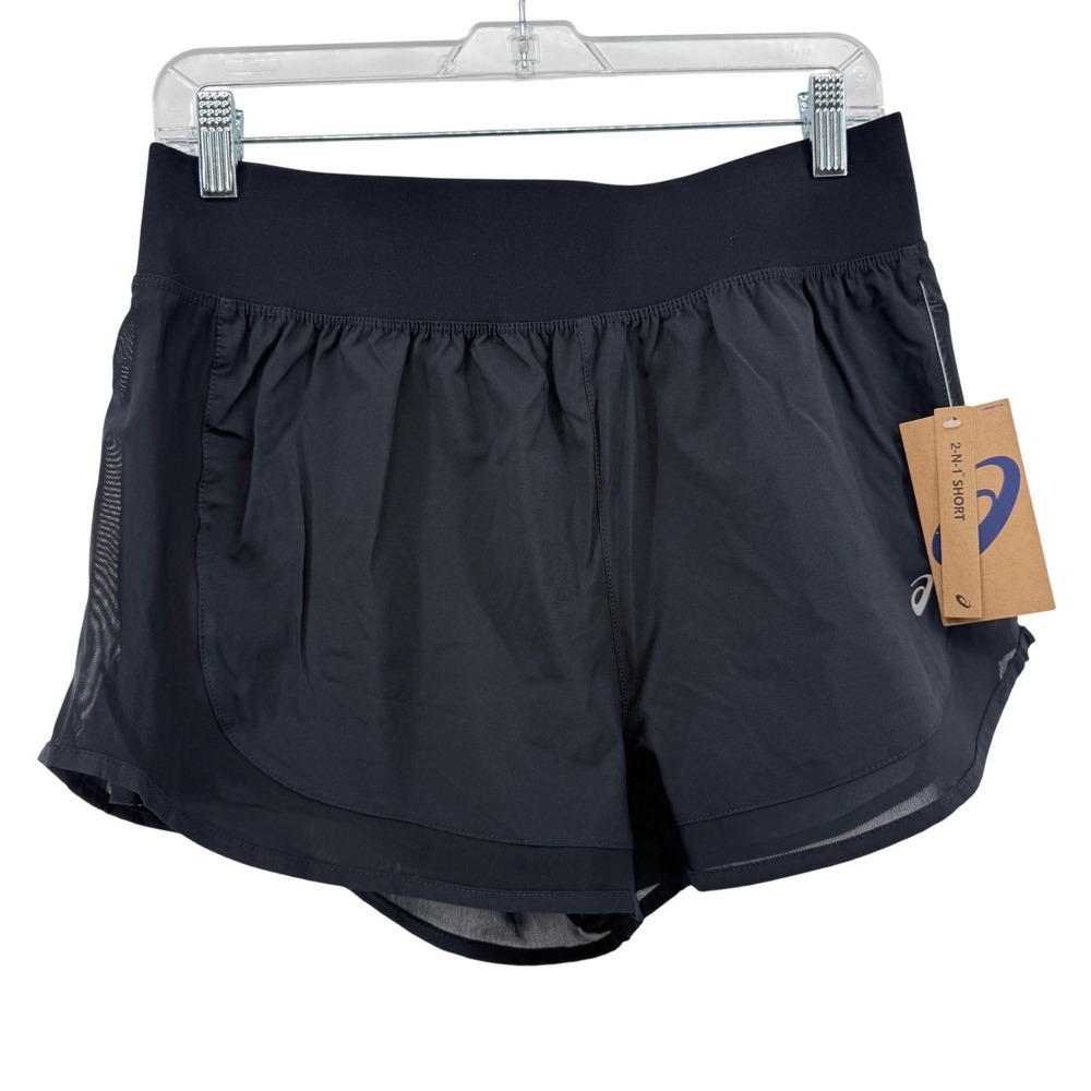 NEW Asics 2-N-1 Shorts Womens Medium Woven Running Black Reflective Lined Active